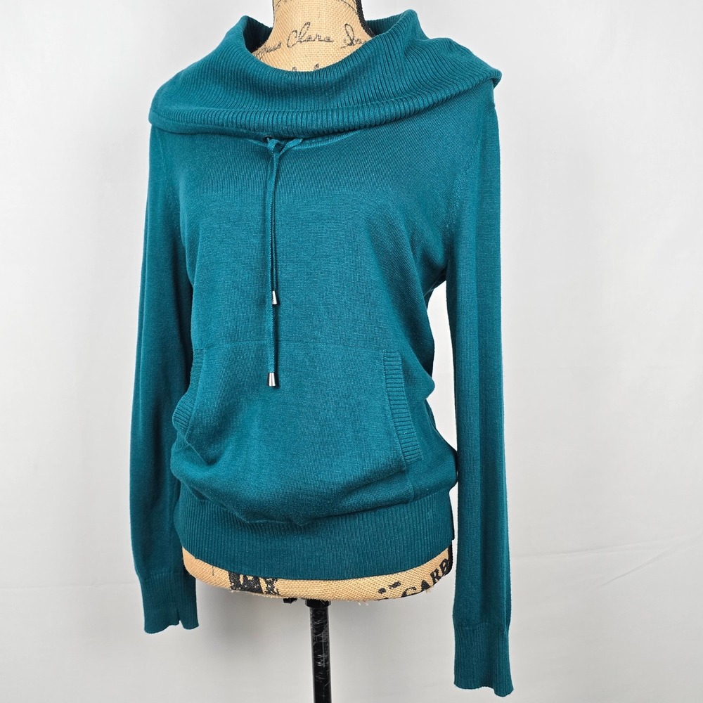 Jones‎ New York Signature Teal Green Cowl Neck Drawstring Kangaroo Sweater M